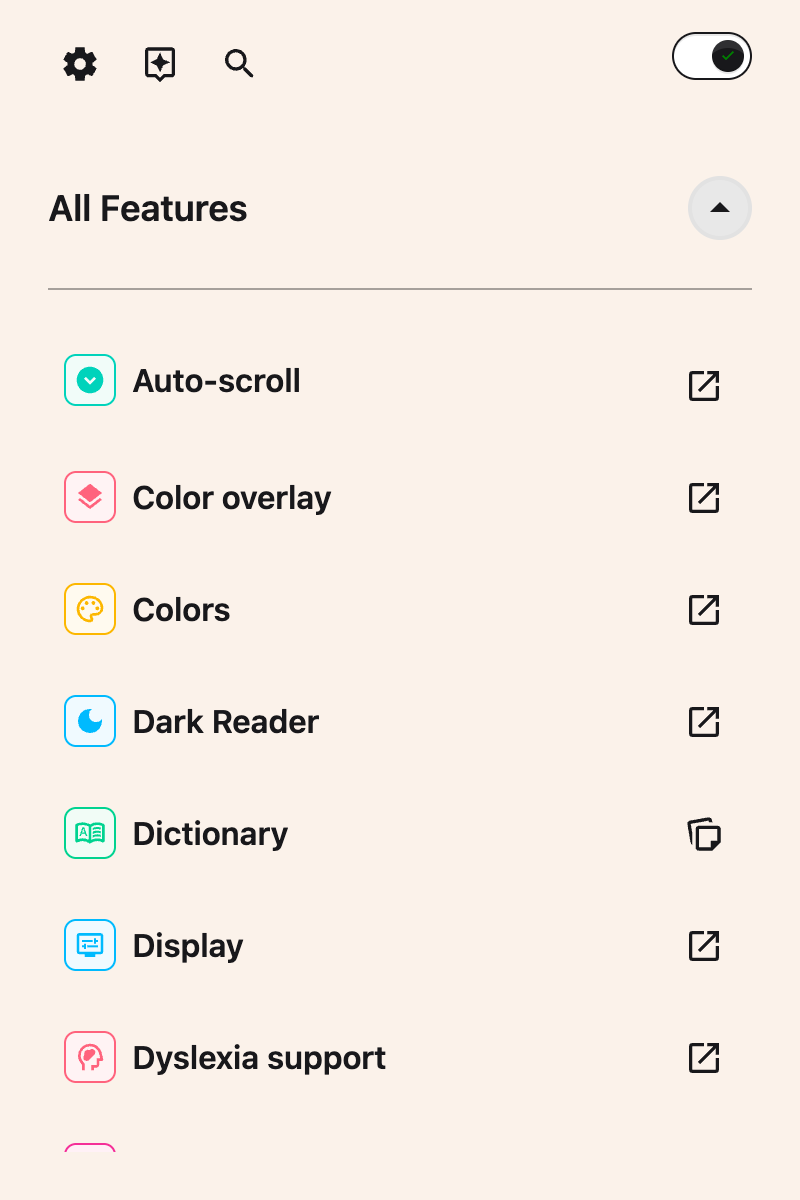 The All Features list scrolled to show the Color overlay row and its Open button