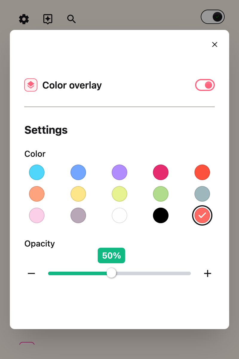 The Color overlay options shown after the toggle is switched on