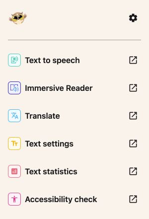 Helperbird sidebar in Google Docs with six reading tools and a Settings button.