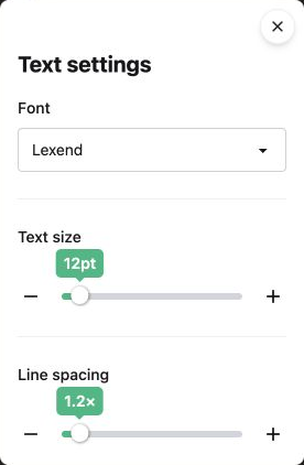 Google Docs Text settings with Lexend selected, 12 pt text size and 1.2 times line spacing.