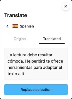 Translate panel with Original and Translated tabs, a Spanish preview and Replace selection.
