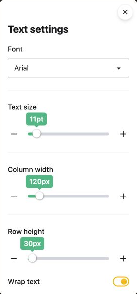 Google Sheets Text settings with font, text size, column width, row height and Wrap text controls.