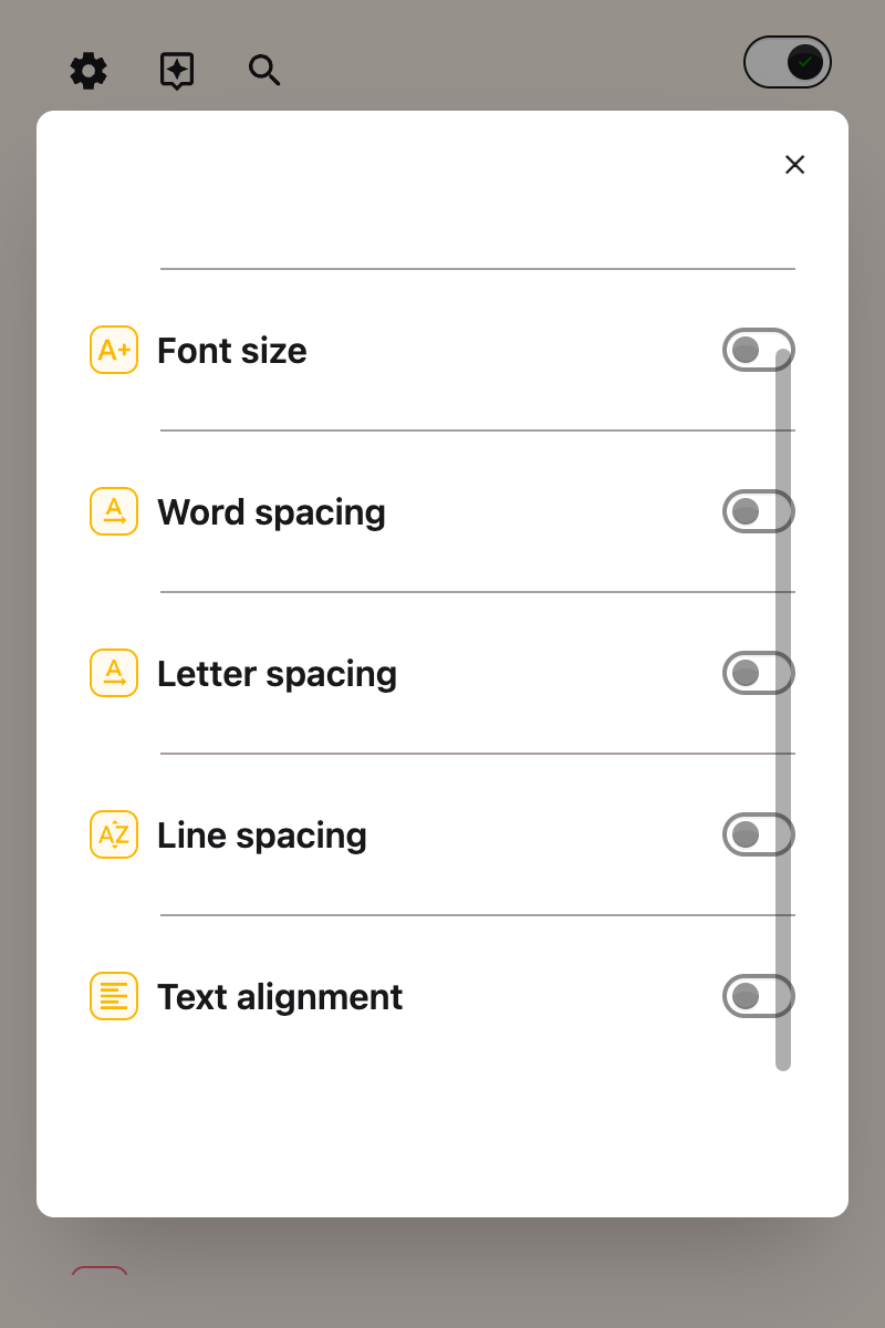 The Text settings panel open in the Helperbird popup, showing the Letter spacing control