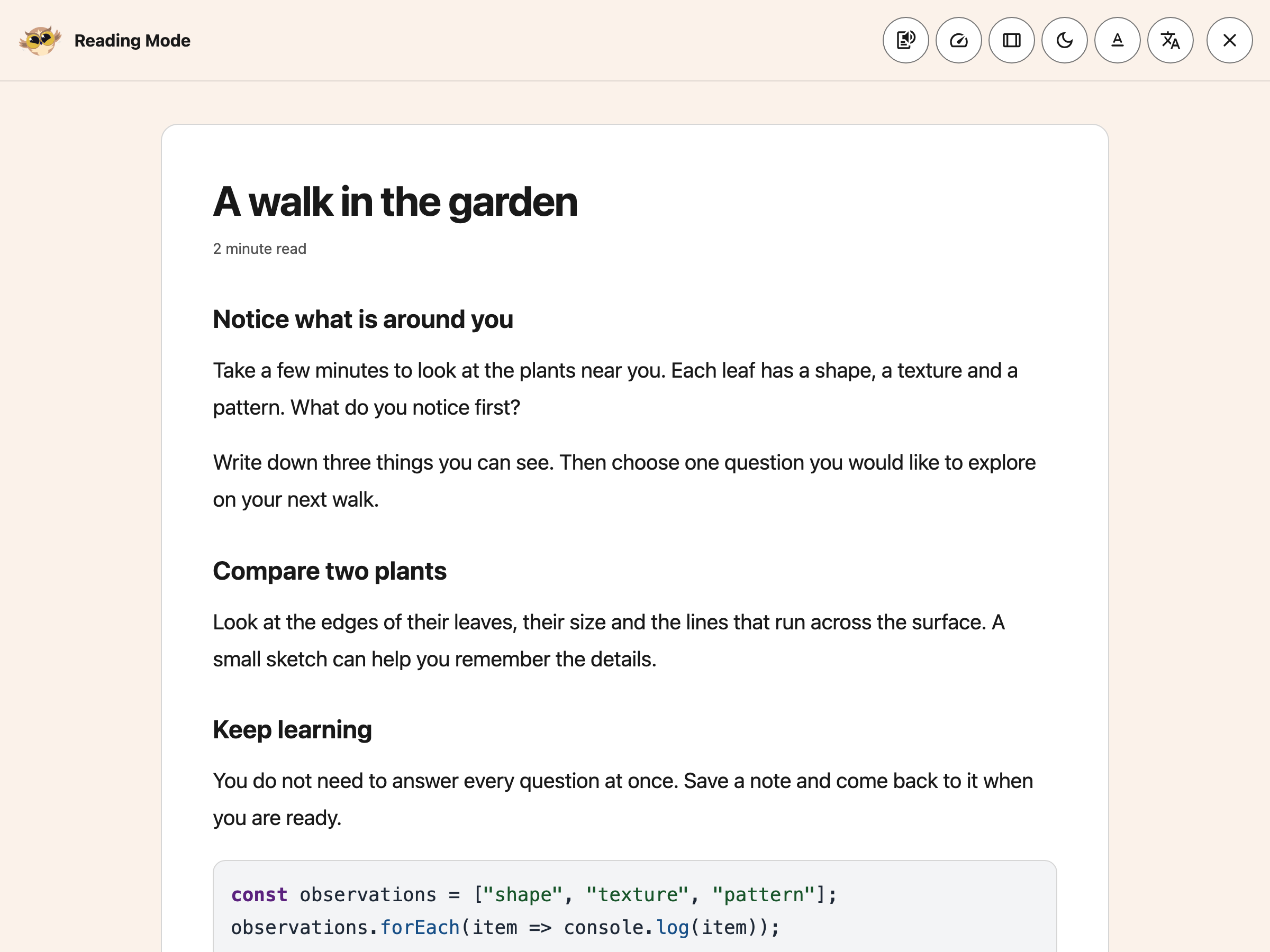 Reading Mode showing a garden article with its reading controls in the header