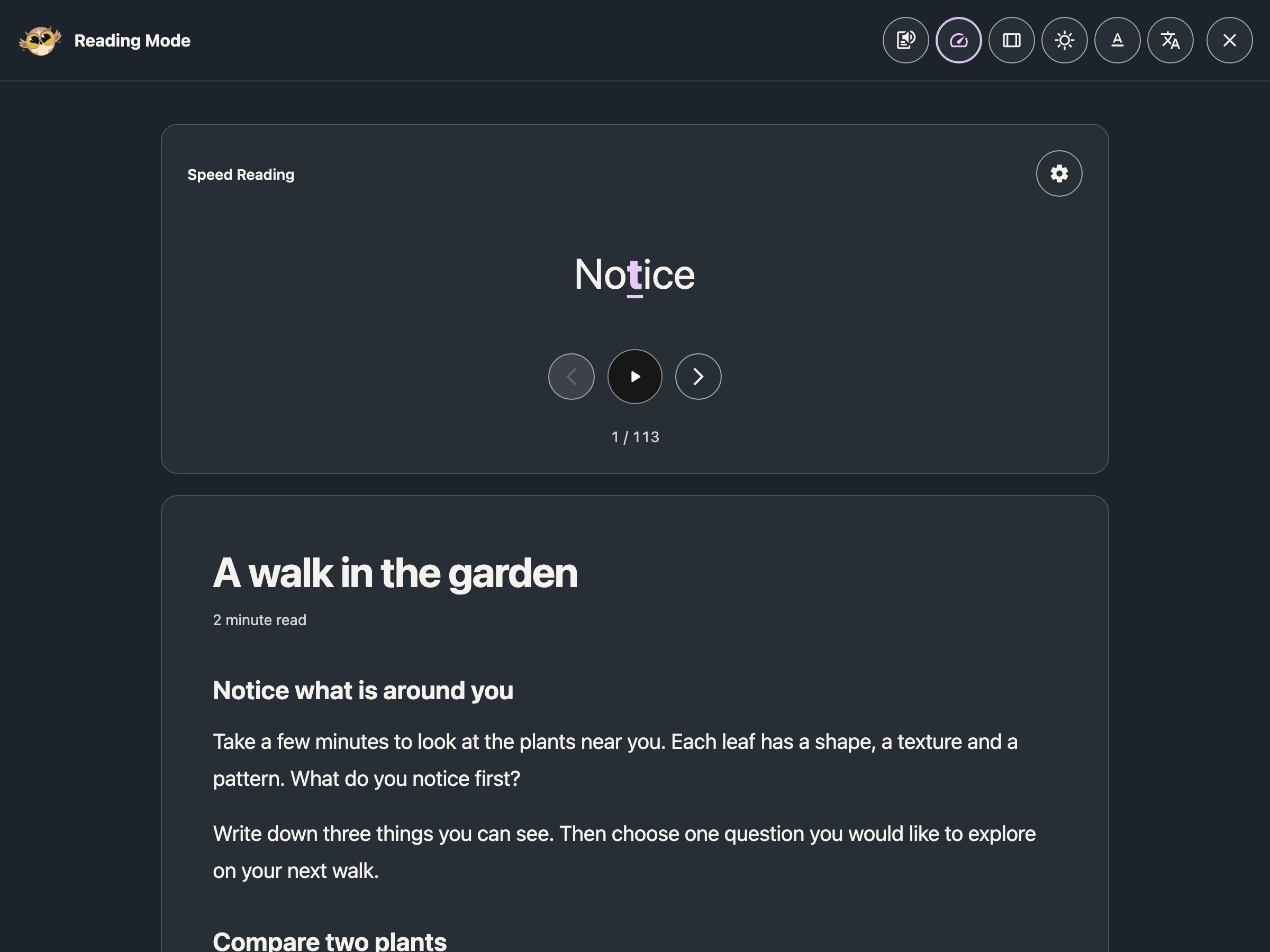 Reading Mode in dark mode with Speed Reading visible