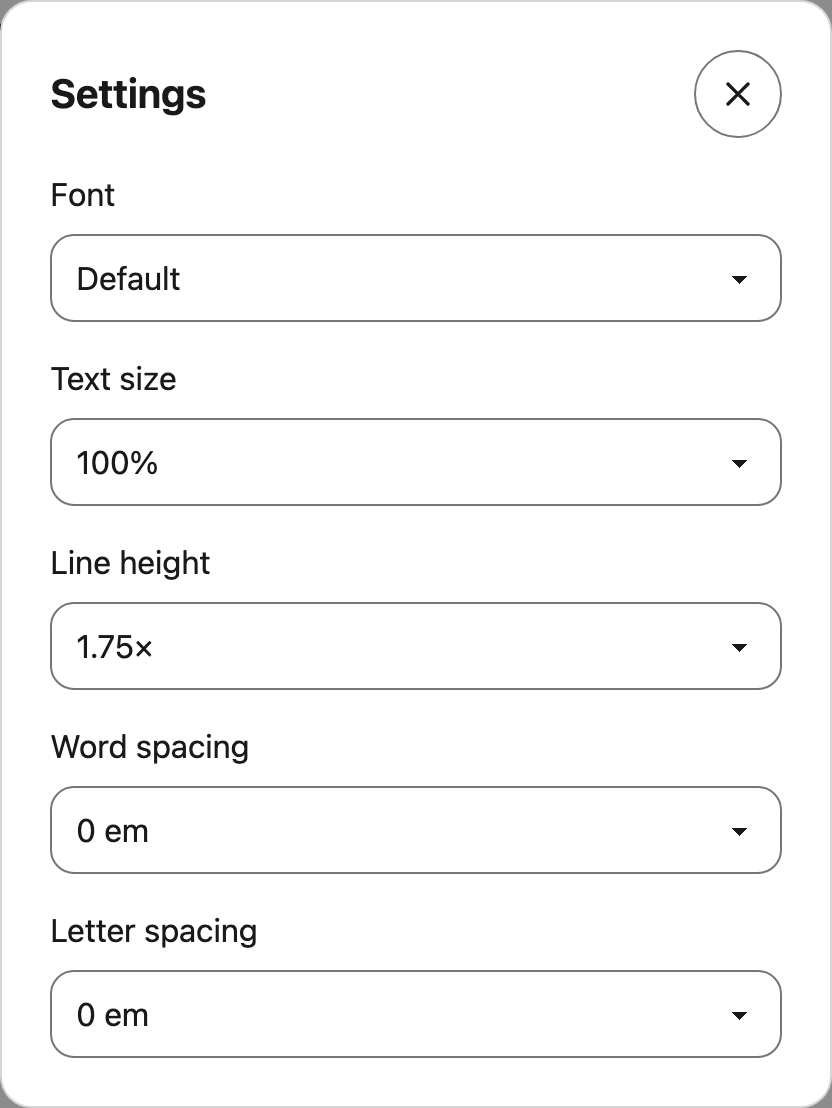 Reading Mode Settings with its own font, size and spacing choices