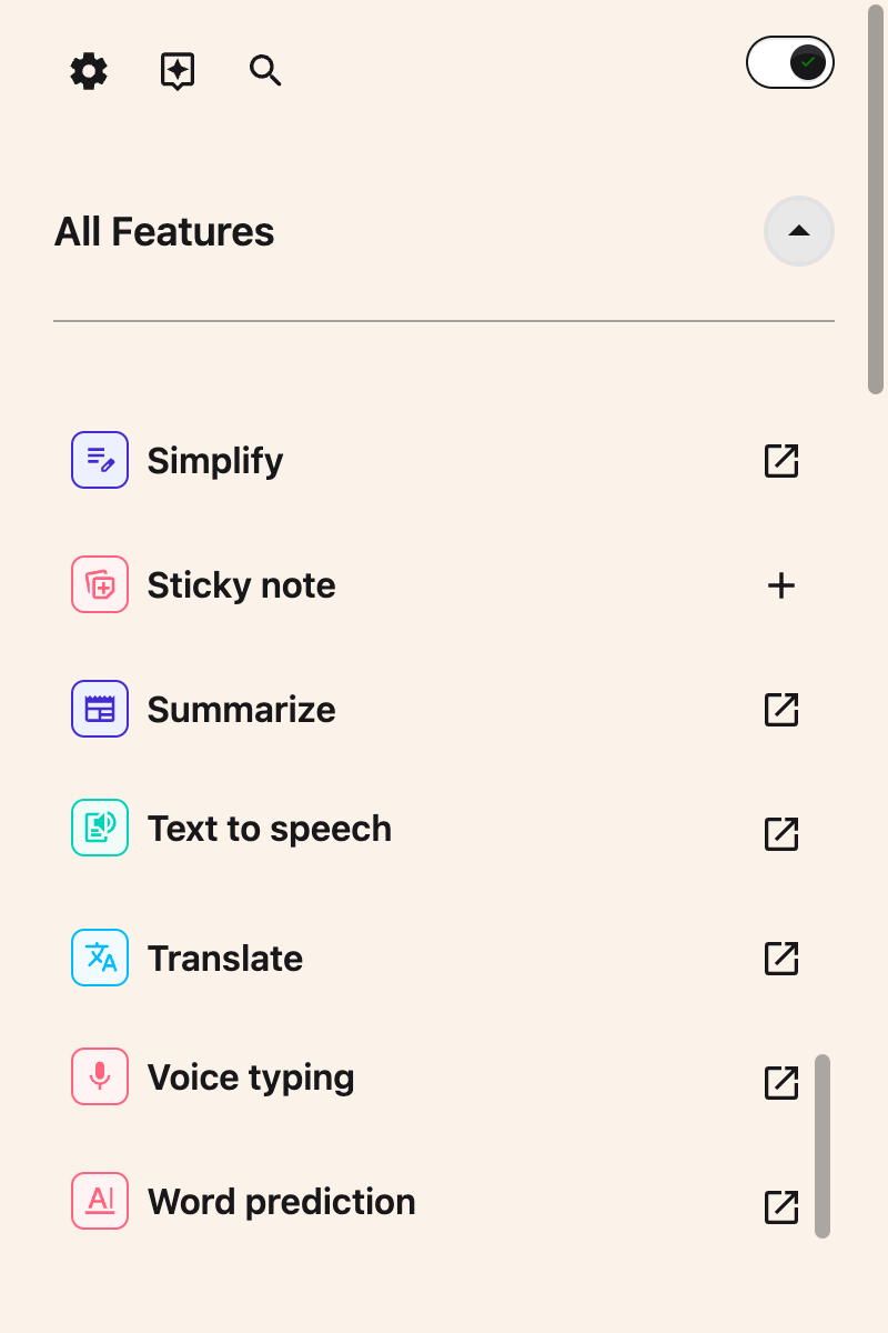 The All Features list scrolled to show the Text to speech row