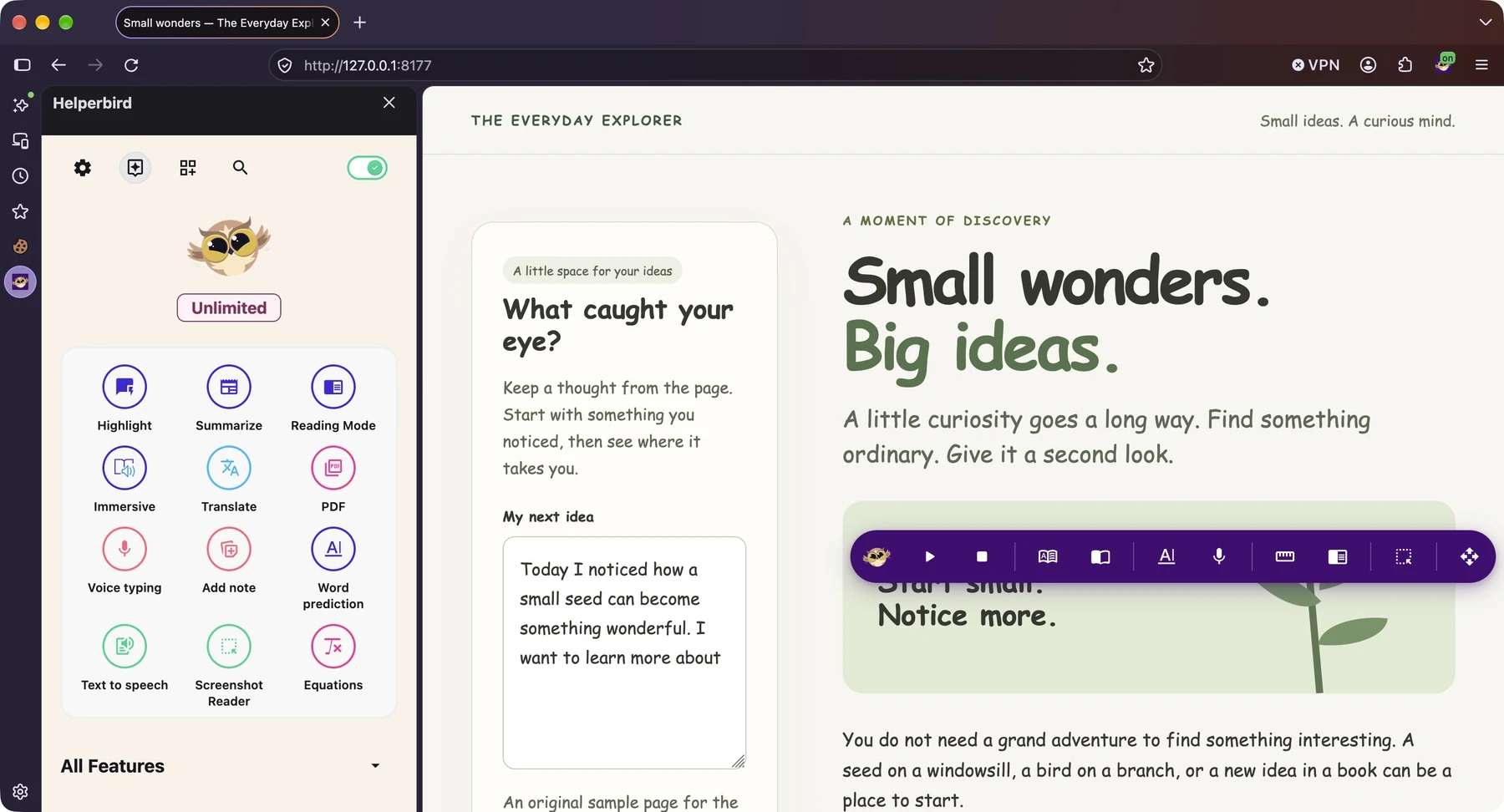 Helperbird open in Firefox beside an original sample article, showing reading, writing, and accessibility tools
