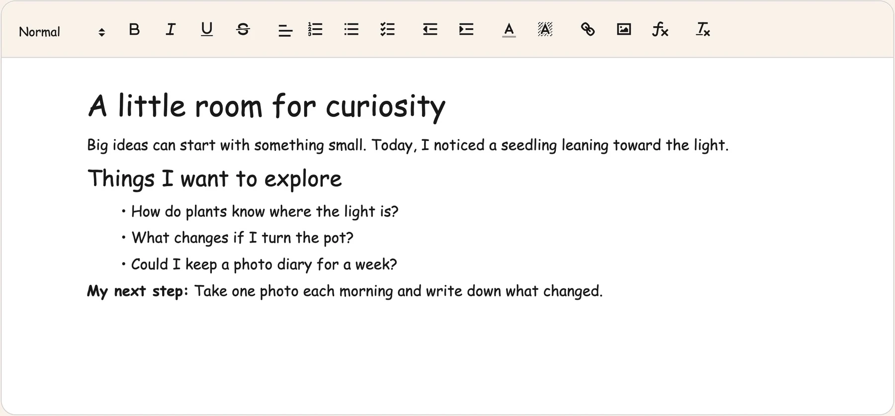 Helperbird Notepad in Firefox with an original draft, headings, lists, and formatting tools