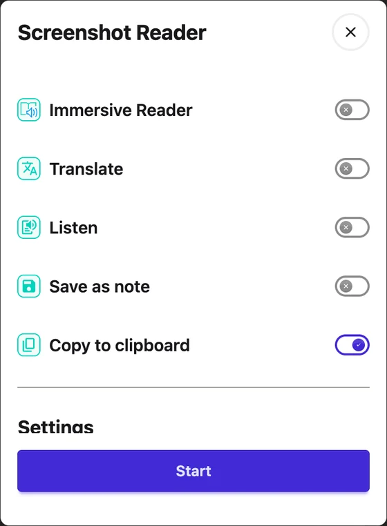 Screenshot Reader’s choices: Immersive Reader, Translate, Listen, Save as note, and Copy to clipboard