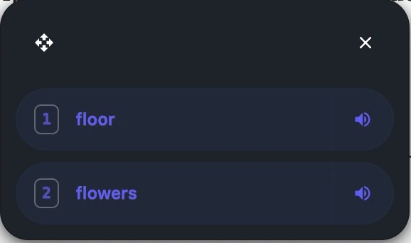 Helperbird’s word prediction bar suggesting floor and flowers, with buttons to hear each word